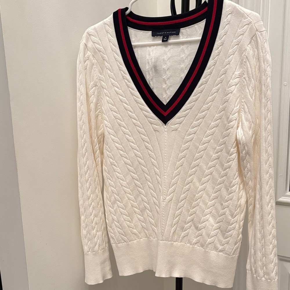 Tommy Hilfiger Cream V-Neck Sweater with Striped Trim